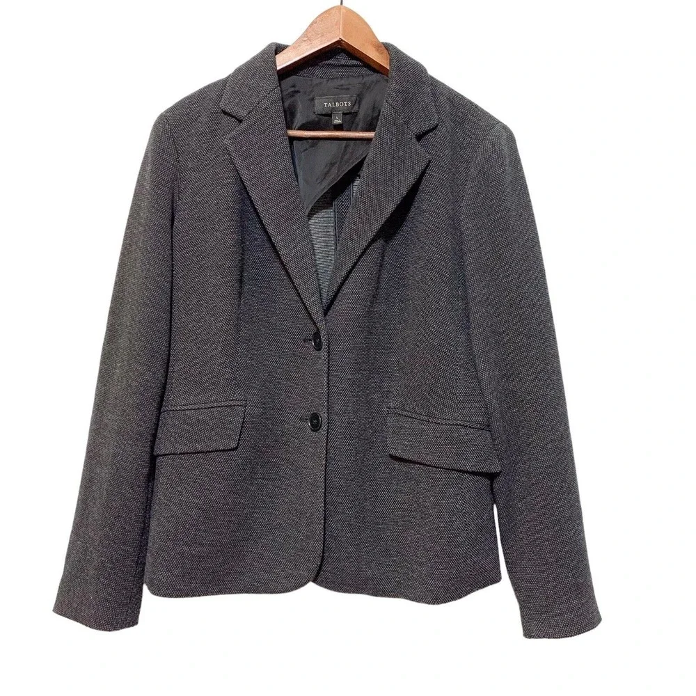 TALBOTS Jacket Blazer Size Large Black Gray Two Buttons Knit Long Sleeve